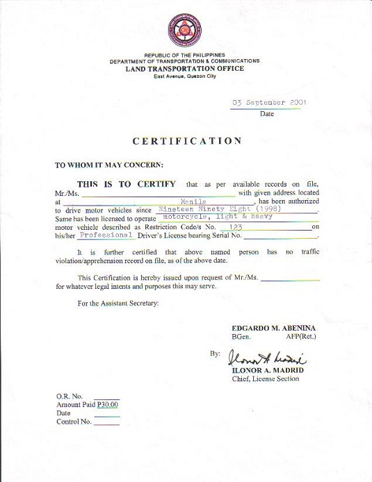 LTOから認証発行されたフィリピンの免許証の証明書