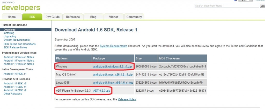 Android 1.6 SDK, Release 1のダウンロード