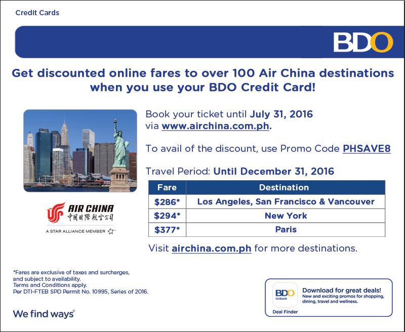 Avail of BDO exclusive fares with Air China